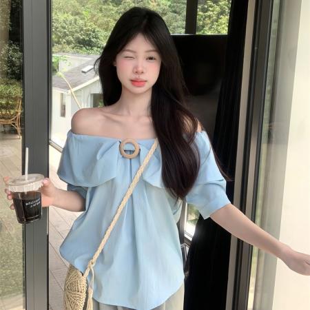 一字领露肩短袖衬衫女装夏季新款减龄时尚百搭宽松纯色上衣潮 服裝批發女裝批發服飾貨源