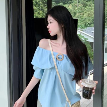 一字领露肩短袖衬衫女装夏季新款减龄时尚百搭宽松纯色上衣潮 服裝批發女裝批發服飾貨源