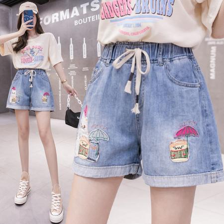 刺绣宽松腰牛仔阔腿短裤夏季韩版撞色初高中学生哈伦热裤 服裝批發女裝批發服飾貨源