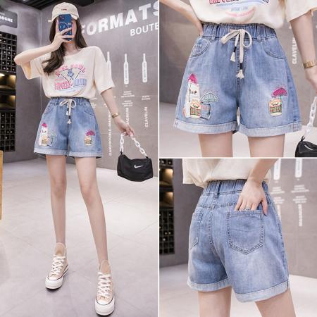 刺绣宽松腰牛仔阔腿短裤夏季韩版撞色初高中学生哈伦热裤 服裝批發女裝批發服飾貨源