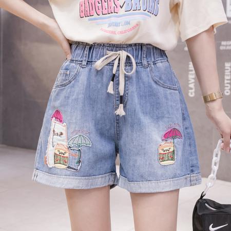 刺绣宽松腰牛仔阔腿短裤夏季韩版撞色初高中学生哈伦热裤 服裝批發女裝批發服飾貨源