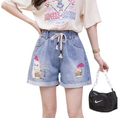刺绣宽松腰牛仔阔腿短裤夏季韩版撞色初高中学生哈伦热裤 服裝批發女裝批發服飾貨源