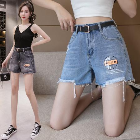 磨破配腰带牛仔阔腿短裤女夏季韩版刺绣毛边哈伦热裤ins 服裝批發女裝批發服飾貨源