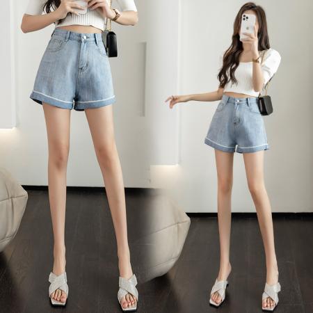 烫钻牛仔a字短裤女夏季韩版高腰显瘦翻边哈伦阔腿裤热裤 服裝批發女裝批發服飾貨源