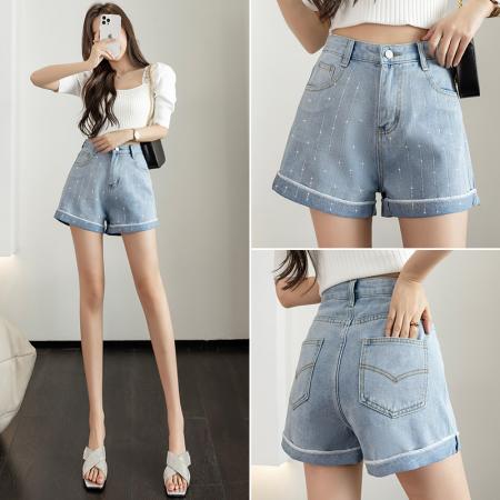 烫钻牛仔a字短裤女夏季韩版高腰显瘦翻边哈伦阔腿裤热裤 服裝批發女裝批發服飾貨源