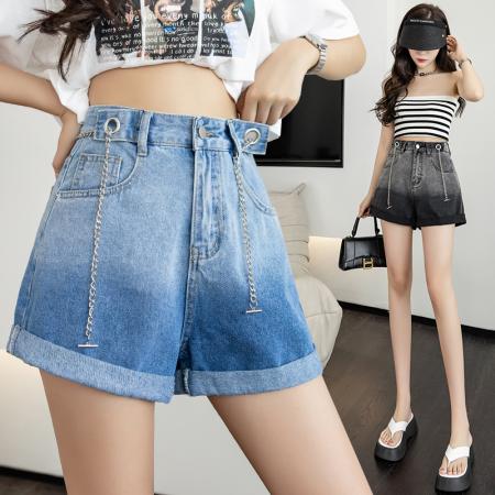 渐变色牛仔短裤女夏季韩版高腰翻边链条宽松a字阔腿热裤 服裝批發女裝批發服飾貨源