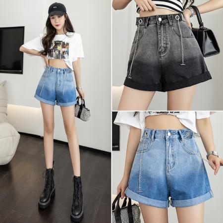 渐变色牛仔短裤女夏季韩版高腰翻边链条宽松a字阔腿热裤 服裝批發女裝批發服飾貨源