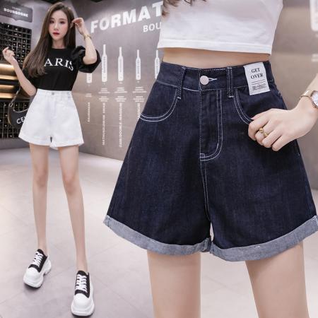 高腰阔腿短裤女夏季原创显瘦仿牛仔宽松宽松a字哈伦热裤 服裝批發女裝批發服飾貨源