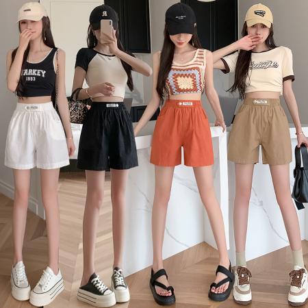 超火日系中短裤女夏季简约高腰洗水棉麻宽松腰休闲直筒裤 服裝批發女裝批發服飾貨源