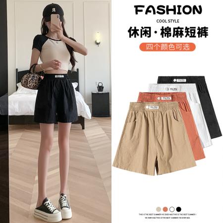 超火日系中短裤女夏季简约高腰洗水棉麻宽松腰休闲直筒裤 服裝批發女裝批發服飾貨源