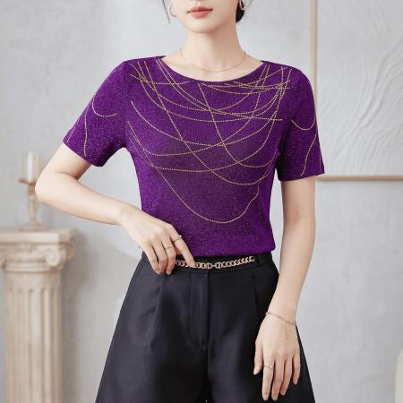 夏季新款圆领短袖套头闪亮烫钻女士上衣高弹网纱优雅气质T恤 服裝批發女裝批發服飾貨源