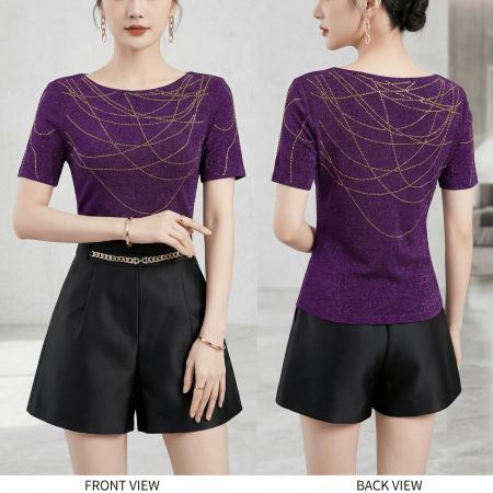 夏季新款圆领短袖套头闪亮烫钻女士上衣高弹网纱优雅气质T恤 服裝批發女裝批發服飾貨源