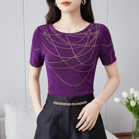 夏季新款圆领短袖套头闪亮烫钻女士上衣高弹网纱优雅气质T恤 服裝批發女裝批發服飾貨源