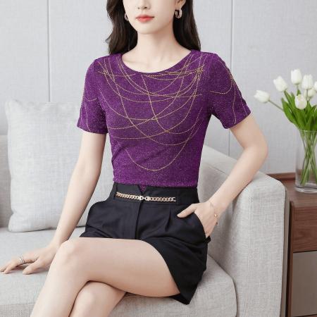 夏季新款圆领短袖套头闪亮烫钻女士上衣高弹网纱优雅气质T恤 服裝批發女裝批發服飾貨源