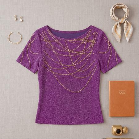 夏季新款圆领短袖套头闪亮烫钻女士上衣高弹网纱优雅气质T恤 服裝批發女裝批發服飾貨源