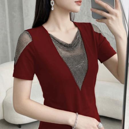夏季新款短袖优雅烫钻针织套头女士上衣棉质高弹收腰时尚T恤 服裝批發女裝批發服飾貨源