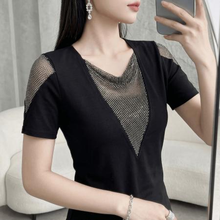 夏季新款短袖优雅烫钻针织套头女士上衣棉质高弹收腰时尚T恤 服裝批發女裝批發服飾貨源
