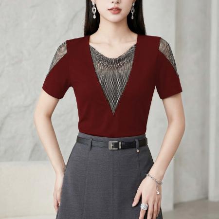 夏季新款短袖优雅烫钻针织套头女士上衣棉质高弹收腰时尚T恤 服裝批發女裝批發服飾貨源