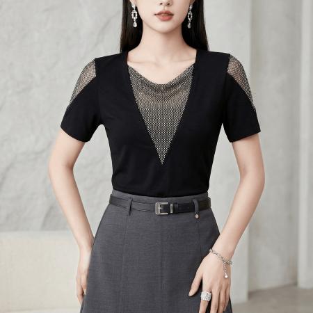 夏季新款短袖优雅烫钻针织套头女士上衣棉质高弹收腰时尚T恤 服裝批發女裝批發服飾貨源