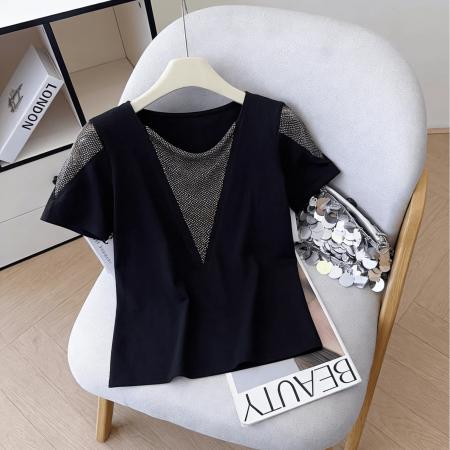 夏季新款短袖优雅烫钻针织套头女士上衣棉质高弹收腰时尚T恤 服裝批發女裝批發服飾貨源