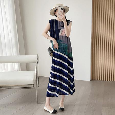 夏季新款褶皱时尚显瘦印花彩色渐变清新甜美气质修身连衣裙 服裝批發女裝批發服飾貨源