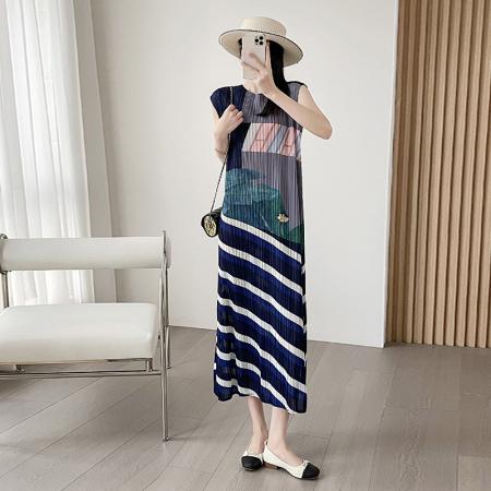 夏季新款褶皱时尚显瘦印花彩色渐变清新甜美气质修身连衣裙 服裝批發女裝批發服飾貨源