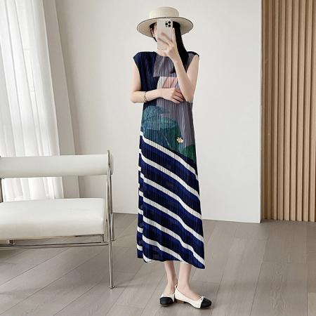 夏季新款褶皱时尚显瘦印花彩色渐变清新甜美气质修身连衣裙 服裝批發女裝批發服飾貨源