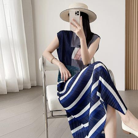 夏季新款褶皱时尚显瘦印花彩色渐变清新甜美气质修身连衣裙 服裝批發女裝批發服飾貨源