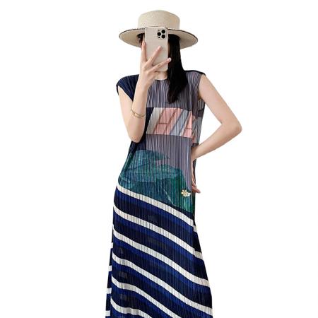 夏季新款褶皱时尚显瘦印花彩色渐变清新甜美气质修身连衣裙 服裝批發女裝批發服飾貨源