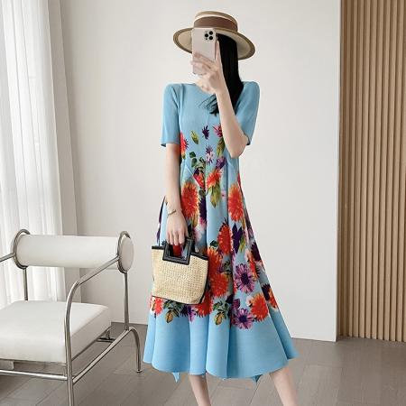 连衣裙新款褶皱新中式衣服裙子女春季复古印花国风印花弹簧裙 服裝批發女裝批發服飾貨源