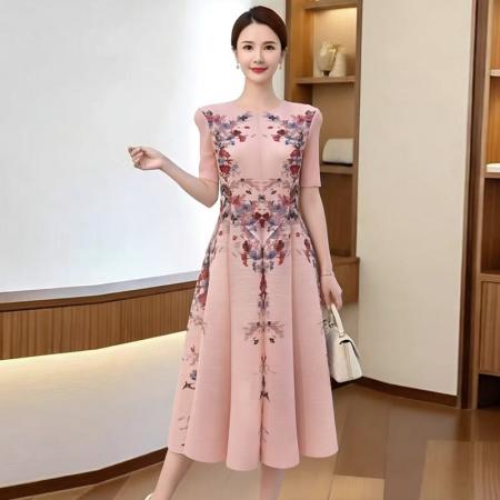 连衣裙新款褶皱新中式衣服裙子女春季复古印花国风印花弹簧裙 服裝批發女裝批發服飾貨源