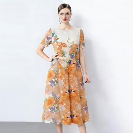 连衣裙新款褶皱新中式衣服裙子女春季复古印花国风印花弹簧裙 服裝批發女裝批發服飾貨源
