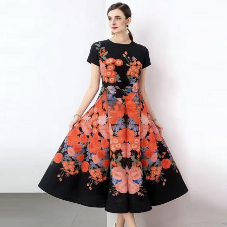 连衣裙新款褶皱新中式衣服裙子女春季复古印花国风印花弹簧裙 服裝批發女裝批發服飾貨源