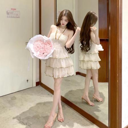 鎏金小黛丽*重工闪钻挂脖吊带连衣裙夏新款收腰蛋糕礼服裙子 服裝批發女裝批發服飾貨源