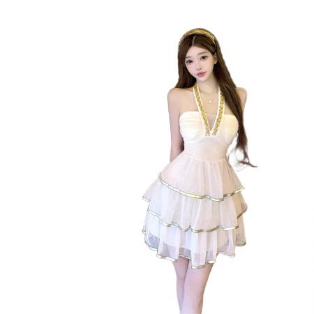 鎏金小黛丽*重工闪钻挂脖吊带连衣裙夏新款收腰蛋糕礼服裙子 服裝批發女裝批發服飾貨源