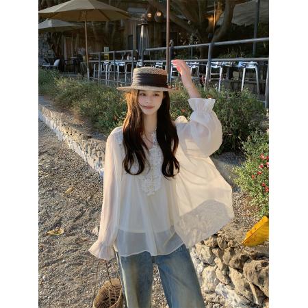 新款复古优雅立体钩花蕾丝拼接雪纺衫吊带女宽松 服裝批發女裝批發服飾貨源