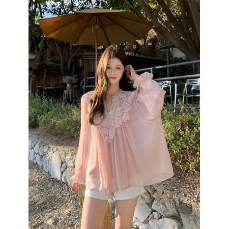 新款复古优雅立体钩花蕾丝拼接雪纺衫吊带女宽松 服裝批發女裝批發服飾貨源