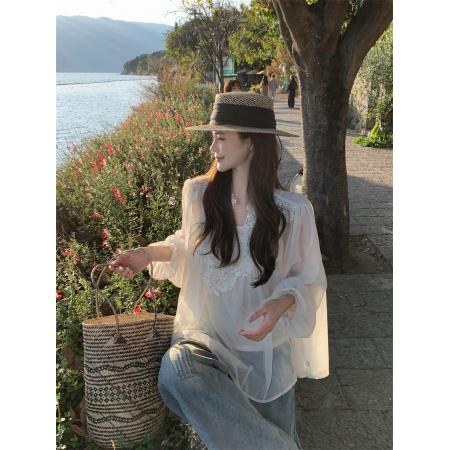 新款复古优雅立体钩花蕾丝拼接雪纺衫吊带女宽松 服裝批發女裝批發服飾貨源