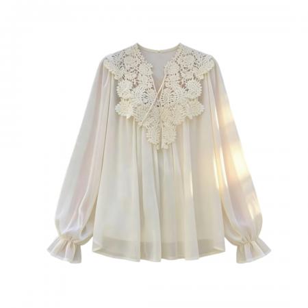 新款复古优雅立体钩花蕾丝拼接雪纺衫吊带女宽松 服裝批發女裝批發服飾貨源