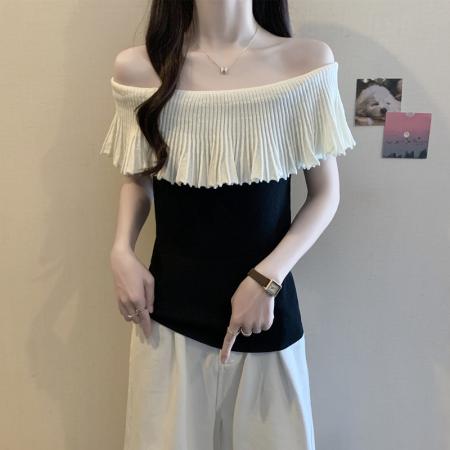 胖mm大码女装夏装法式小众性感短袖T恤显瘦设计感露肩上衣 服裝批發女裝批發服飾貨源