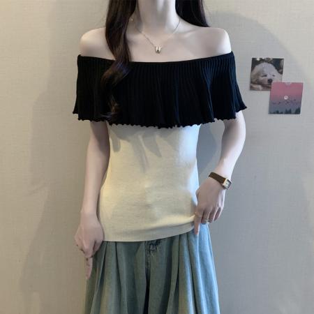 胖mm大码女装夏装法式小众性感短袖T恤显瘦设计感露肩上衣 服裝批發女裝批發服飾貨源