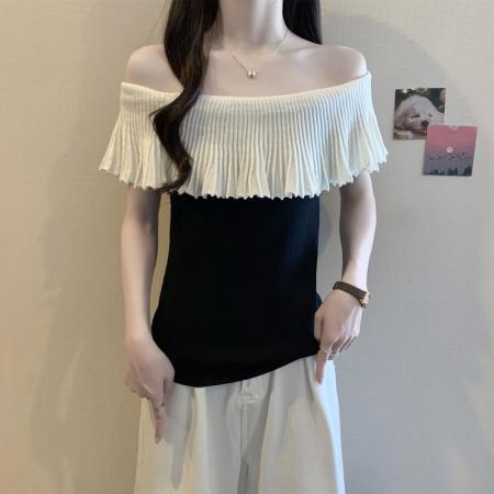 胖mm大码女装夏装法式小众性感短袖T恤显瘦设计感露肩上衣 服裝批發女裝批發服飾貨源