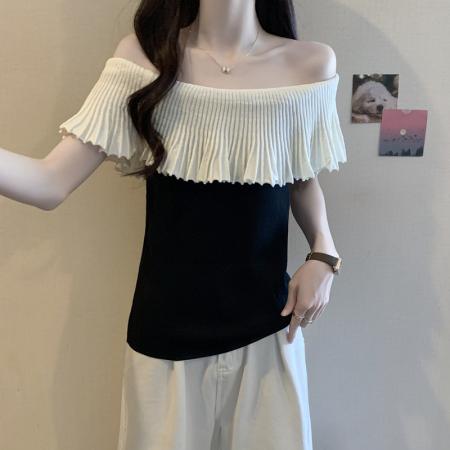 胖mm大码女装夏装法式小众性感短袖T恤显瘦设计感露肩上衣 服裝批發女裝批發服飾貨源