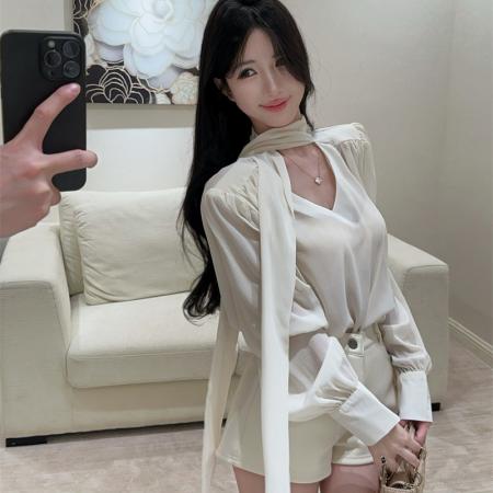 夏季新款法式温柔风飘带设计防晒宽松雪纺衫衬衫 服裝批發女裝批發服飾貨源