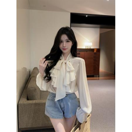 新款法式气质显瘦V领荷叶边拼接飘带长袖防晒雪纺衫 服裝批發女裝批發服飾貨源