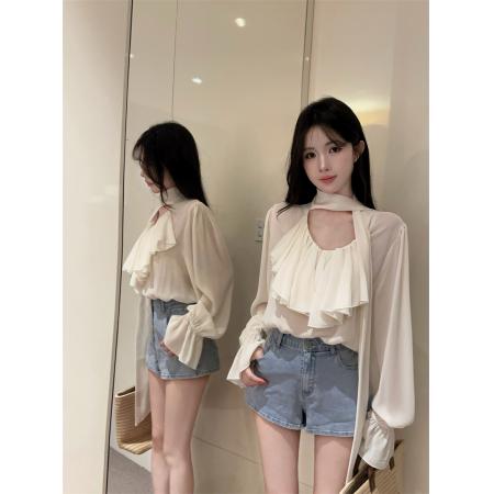 新款法式气质显瘦V领荷叶边拼接飘带长袖防晒雪纺衫 服裝批發女裝批發服飾貨源