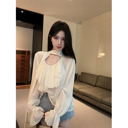 新款法式气质显瘦V领荷叶边拼接飘带长袖防晒雪纺衫 服裝批發女裝批發服飾貨源