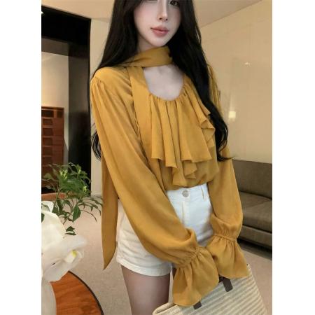 新款法式气质显瘦V领荷叶边拼接飘带长袖防晒雪纺衫 服裝批發女裝批發服飾貨源