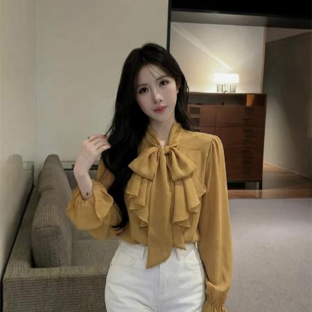 新款法式气质显瘦V领荷叶边拼接飘带长袖防晒雪纺衫 服裝批發女裝批發服飾貨源