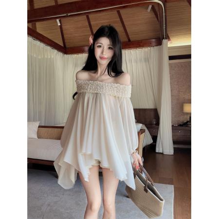 荷叶边甜心设计感仙女甜美重工褶皱一字领露肩雪纺衫女 服裝批發女裝批發服飾貨源